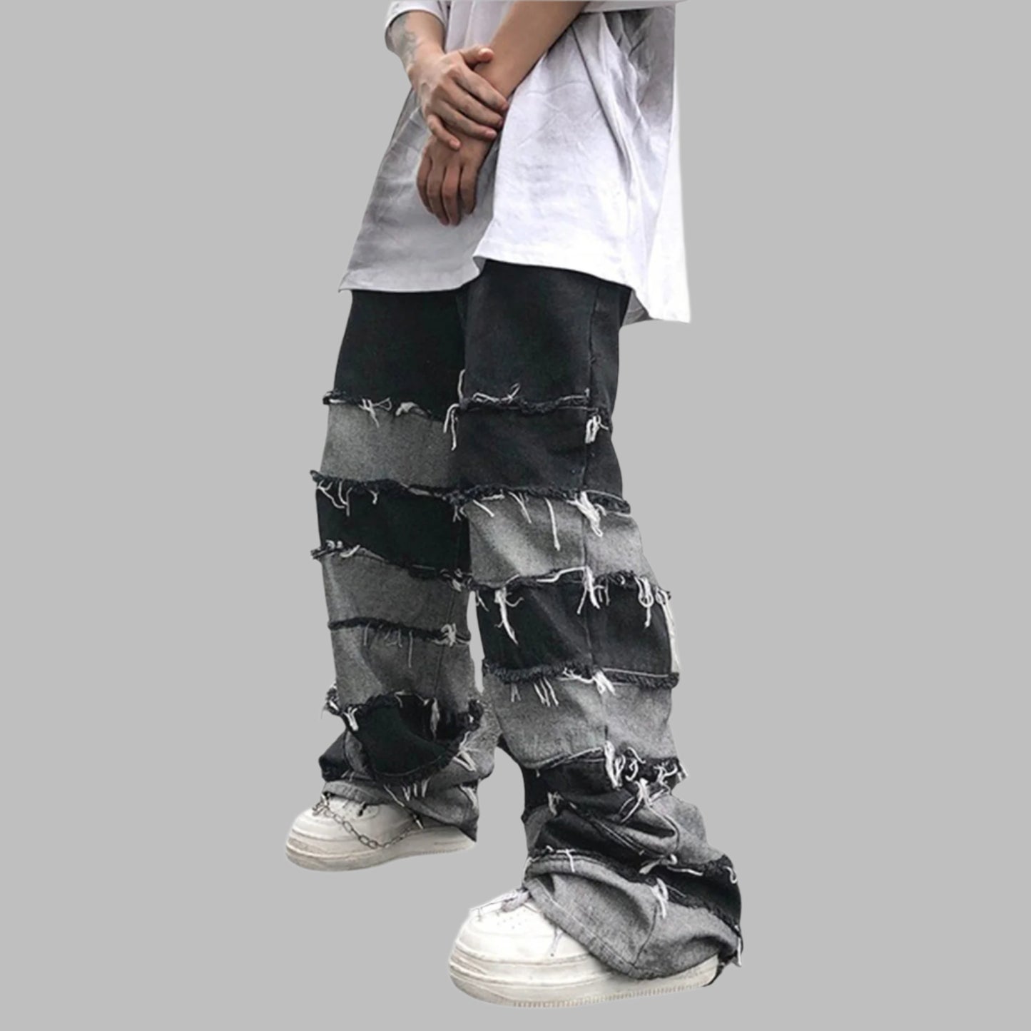 Grunge Stacks" Patchwork Baggy Denim – Men's Streetwear Jeans