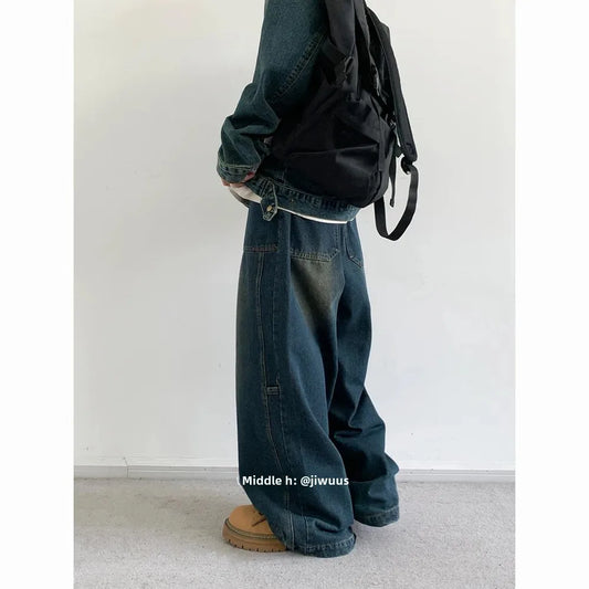 Vintage Loose-Fit Distressed Denim Workwear Pants – Unisex