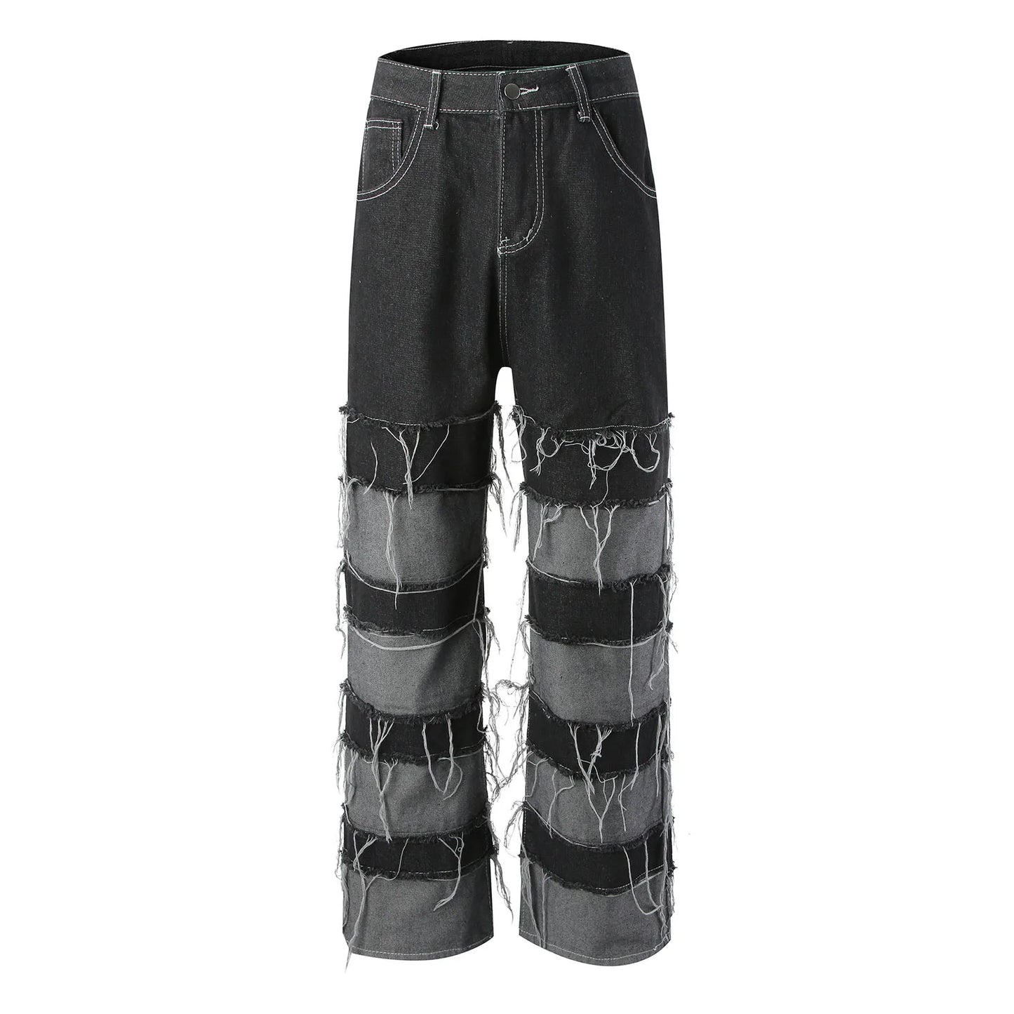 Grunge Stacks" Patchwork Baggy Denim – Men's Streetwear Jeans