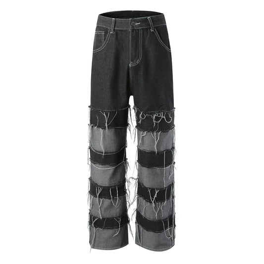 Grunge Stacks" Patchwork Baggy Denim – Men's Streetwear Jeans
